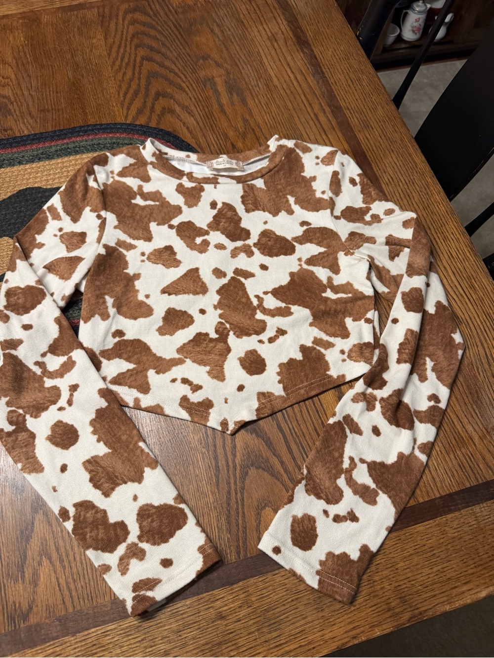 Altar'd State Cream & Brown Cow Print Cropped Long Sleeve Top